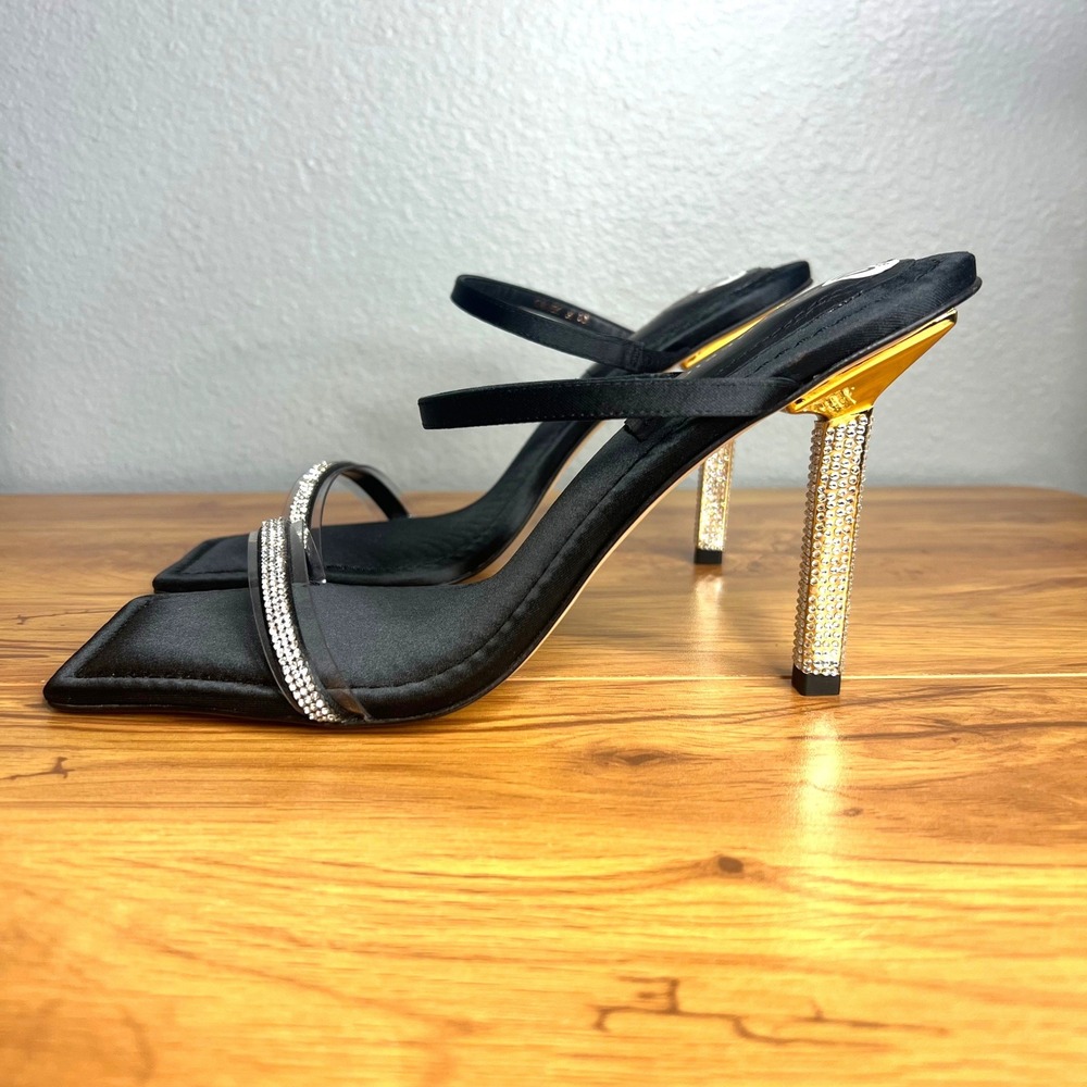 Good American Rhinestone‎ Square Toe Heel Sandal Size 10 Black Glam Stiletto